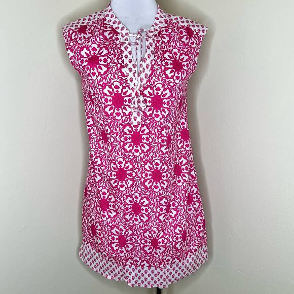 Vineyard Vines Tunic Dress XS Pink Peasant Shift Block Print Mini V-Neck Cotton - Picture 1 of 10